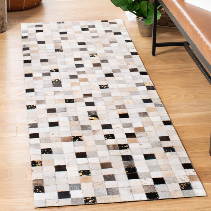 Tapis en cuir feutré à la main Herren ivoire / noir, Tapis de couloir 2 pi 3 po x 7 pi