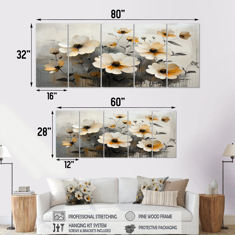 Zinnias fleurs beauté déplié I - art mural Zinnias - ensemble d'art mural traditionnel 5 pièces, H 32 po x l 80 po