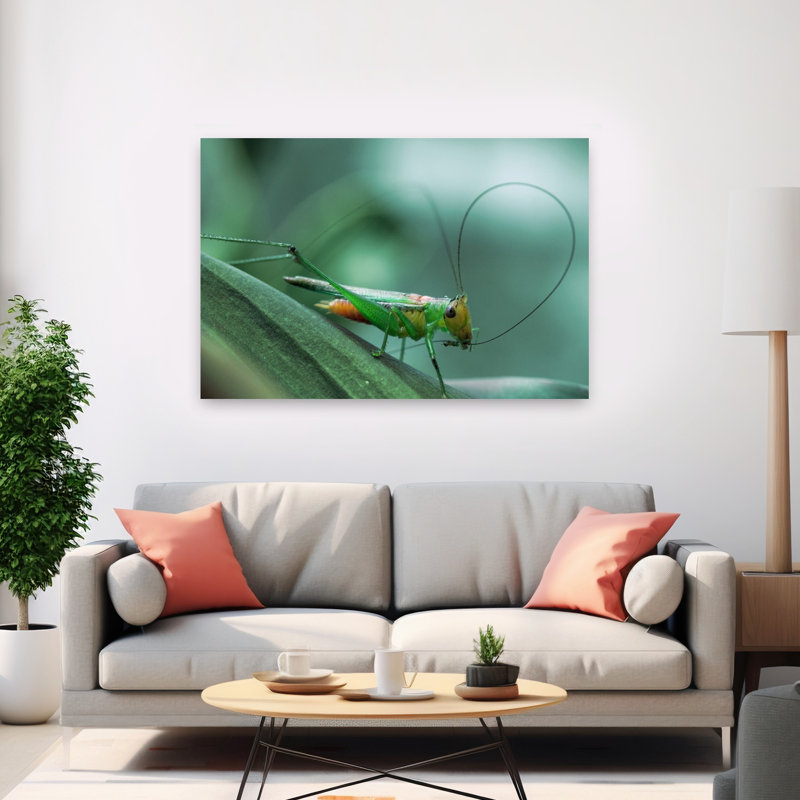 Vibrant Green Grasshopper Peaceful Serene Tranquil Grasshopper Nature Plant Wall Art Print 1 Piece Wrapped Canvas Wall Art