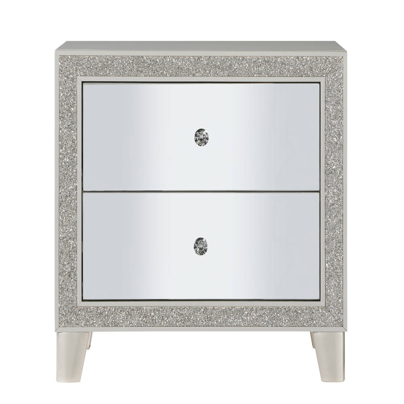 Table de chevet champagne pour chambre à coucher - 2 tiroirs, miroir, 2 esthétiques doublées de feutre