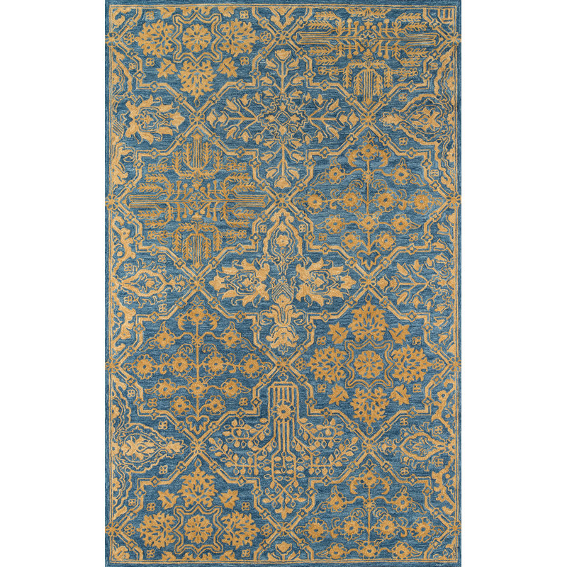 Tapis bleu / orange en laine touffeté à la main Cece, Rectangle 5 pi x 8 pi
