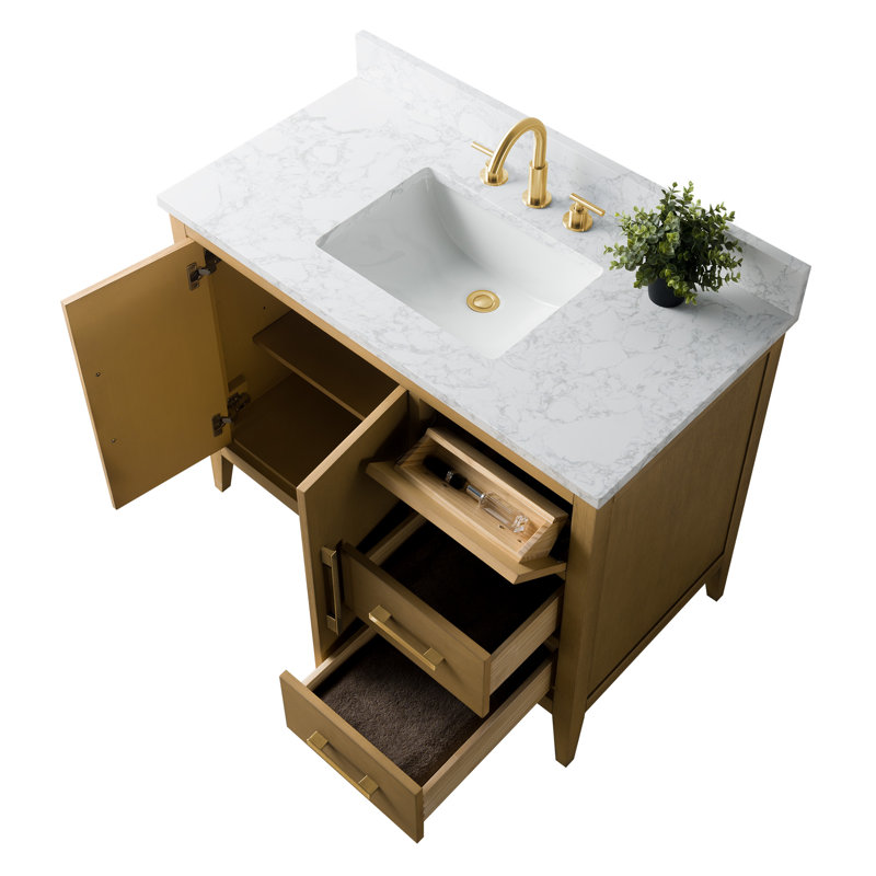 Meuble-lavabo simple 42 po avec plateau en marbre, Chêne naturel, Doré brossé