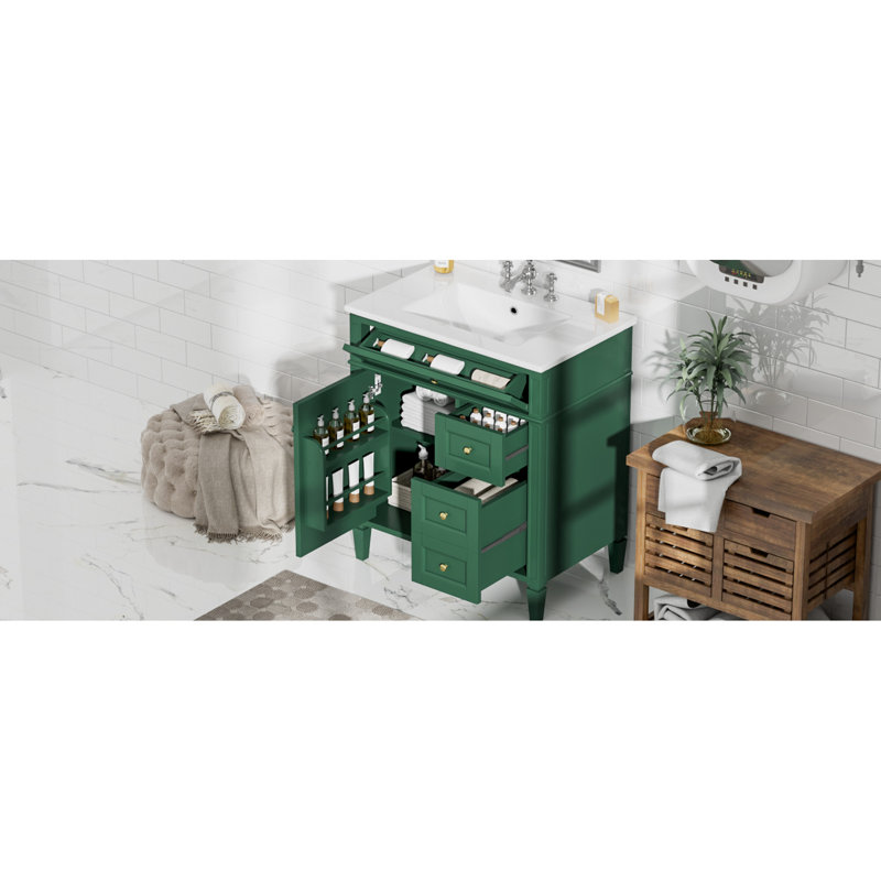 30'' Bathroom Vanity With Ceramic Sink, Modern Style, 3 Drawers, Adjustable Shelf, Cabinet Door Organizer, And Textured Handle For Organization 2 Regular Tip - Out Drawer, Smooth Metal Drawer Slides,
