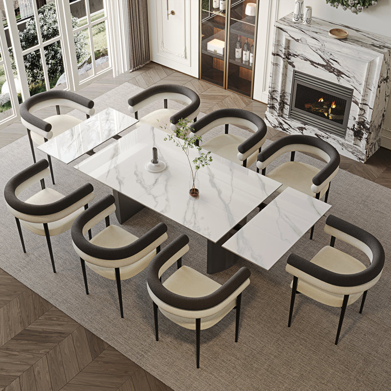 9 - Piece 63'' To 94.5'' Extendable Dining Table Set Sintered Stone Dining Table With 8 Upholstered Armchair, Black