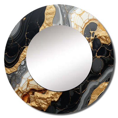 Minimalism Chrome Gold And Black Poteries IV - Abstract Spirals Mirror, Modern Round Decorative Wall Mirror, Printed Metal Art