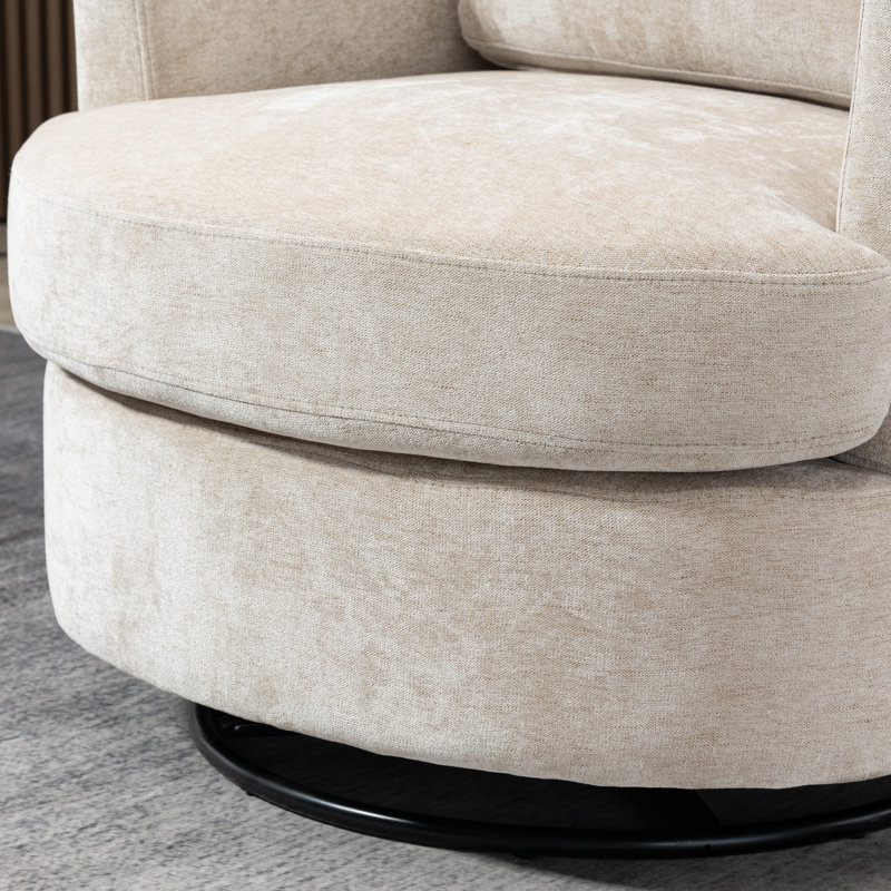 Zarren Upholstered Slipcovered Swivel Barrel Chair, Beige Chenille
