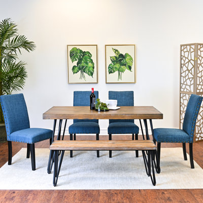 6 configurations de salle à manger: table en épingle à cheveux avec pieds en bois, 4 chaises et banc, pin foncé, rectangulaire, pour 6 pièces dans la collection: avec siège rembourré