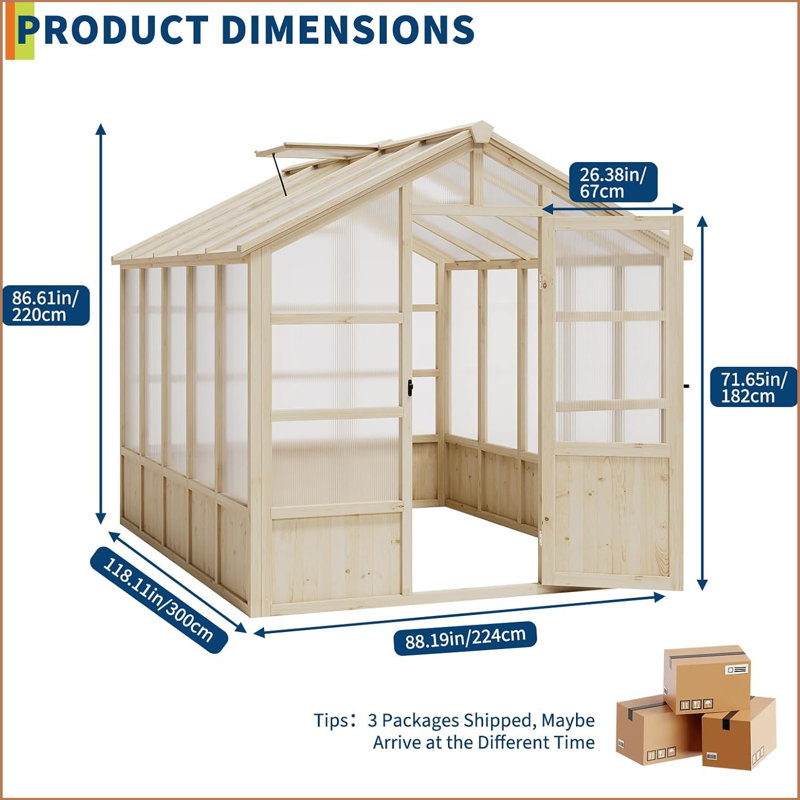 8 Wooden Greenhouse,,Plant Garden Shed Greenhouses For Outdoors With Lockable Door, Wood Frame & Adjustable Vent, Heavy Duty Greenhouse With Polycarbonate Panel For Outside, Garden, Yard, Light Brown