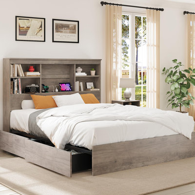 King Size Platform Bed Frame with 51" Tall Bookcase Headboard, 4 Storage Drawers & Built-in Charging Station, Sturdy Wood & Metal Construction, Noise-Free, No Box Spring Needed, Easy Assembly - Grey