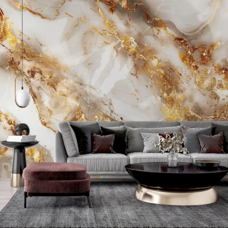 Cream Gold Marble Abstract Wall Mural, 105.96" L x 138" W
