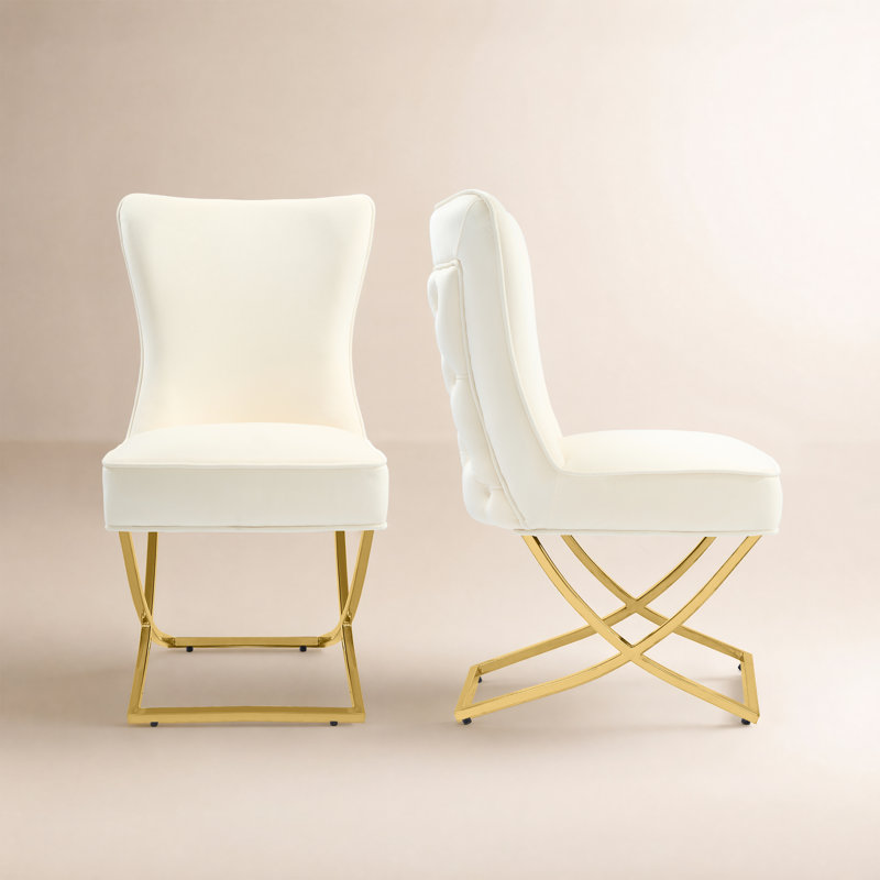 Chaise parsons rembourrée en velours capitonné Chary, Beige