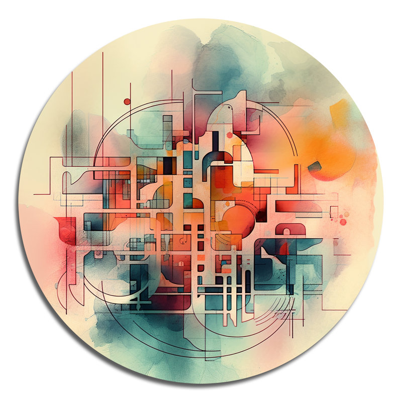 Orange orange abstrait labyrinthe I - art mural rond abstrait géométrique sur métal, H 29 po x l 29 po x P 1 po
