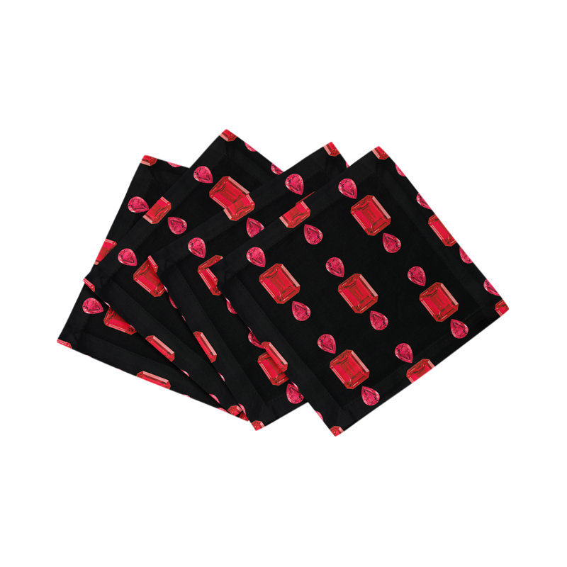 Gem Rubys Cotton Sateen Cocktail Napkins, Black