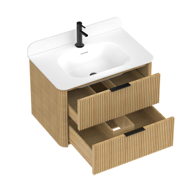 Meuble-lavabo cannelé en chêne doré avec lavabo intégré et quincaillerie noire