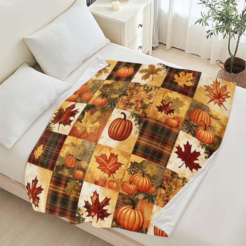 Couverture simple en flanelle JYK en microfibre moelleuse, douce et respirante, 60 po x 80 po, patchwork d'automne rétro