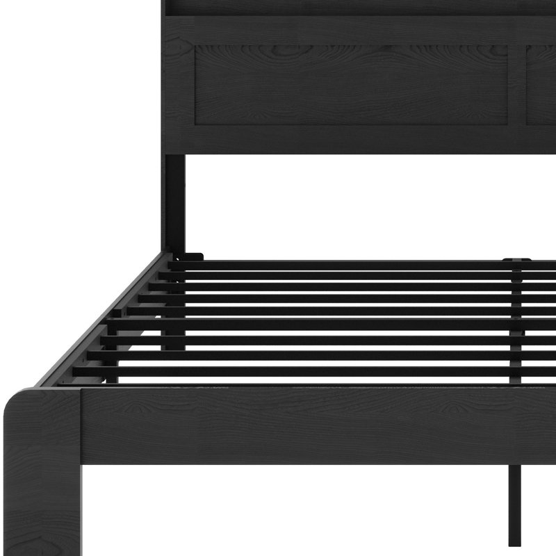 Structure de lit plateforme en bois avec tête de lit à DEL avec rangement et 2 USB, grand rangement sous le lit, Noir foncé