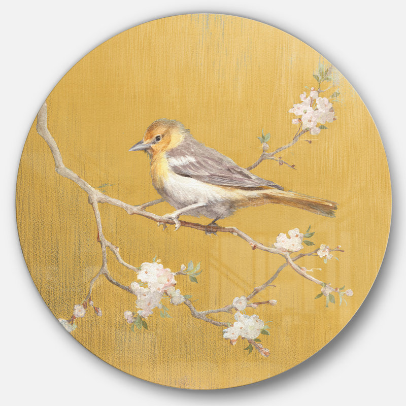 « doré oiseau on fleurs i », reproduction d’art sur cercle métallique, H 11 po x l 11 po