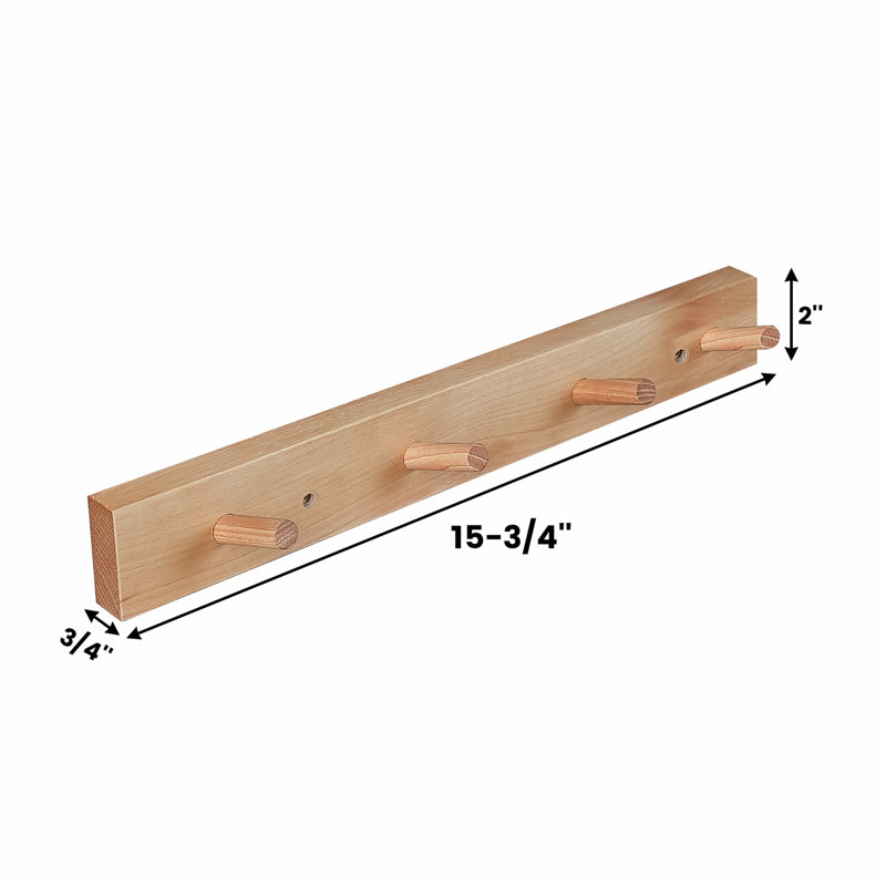 Wall Mounted Coat Rack, Natural Hickory, 2" H x 11.75" W x 0.75" D