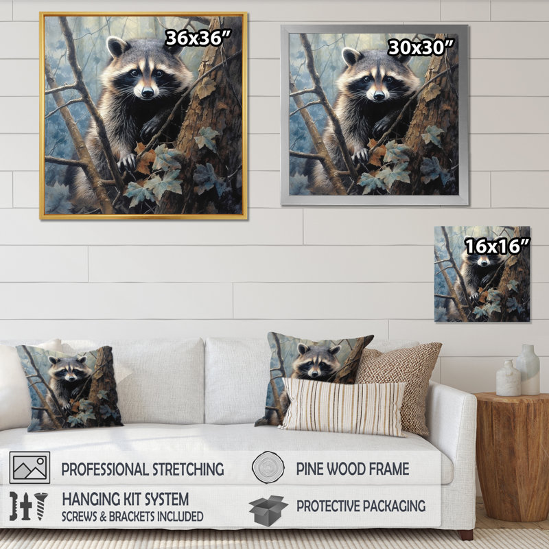 " Racoon Wanderer III " Mixed Media and Color Photography Print, 16" H x 16" W, Gold Floater Framed