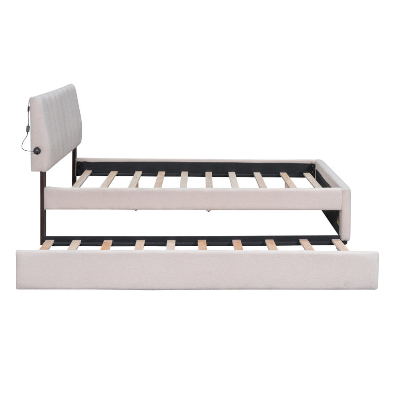 Lit double en molleton beige avec DEL et lit gigogne, Beige, Lit double