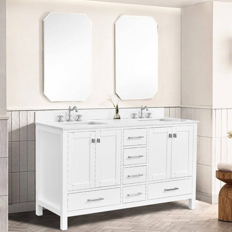 Meuble-lavabo autoportant de 60 pouces avec lavabo double, bois massif, fonction de fermeture en douceur, conception blanche légère pour une ambiance sophistiquée