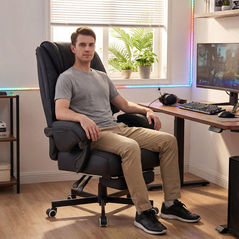 Faux Leather Ergonomic Executive Office Chair Computer Chair with Footrest(Black), Faux Leather Black
