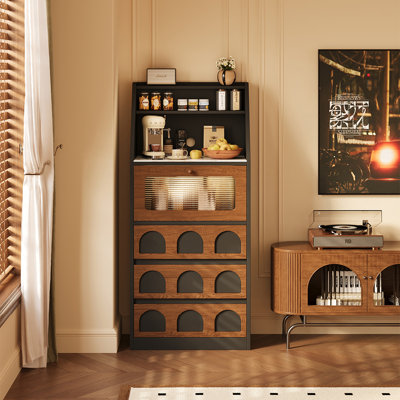 Nut-brown+Black Manufactured Wood+Glass Sideboard