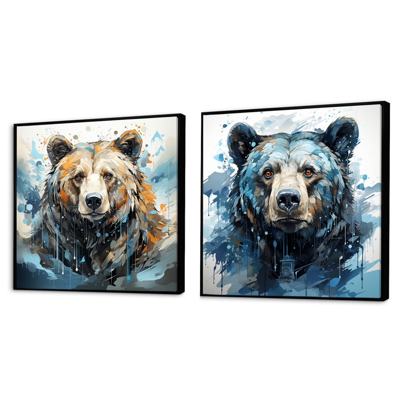 Représentation abstraite d'un mouvement d'ours - ensemble de 2 animaux, Cadre flottant noir, H 36 po x l 73 po