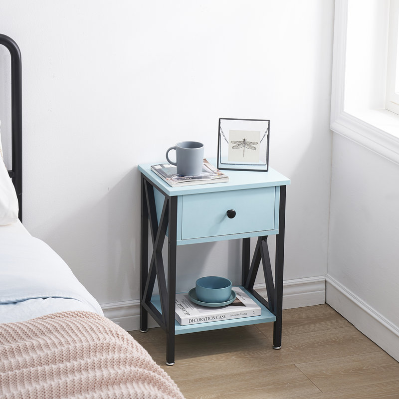 Alameen Nightstand Wood Bedside Table Small Nightstand with Drawer and Shelf for Bedroom, Living Room, Dorm, Light Blue