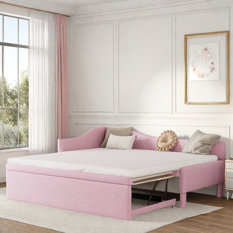 Upholstered L-shaped Upholstered Daybed With Pop Up Trundle, Pink