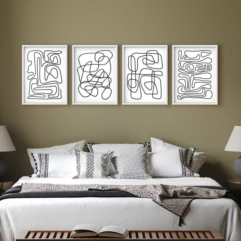 "Décoration murale abstraite contemporaine avec lignes abstraites", 4 pièces, Blanc, H 14 po x l 11 po