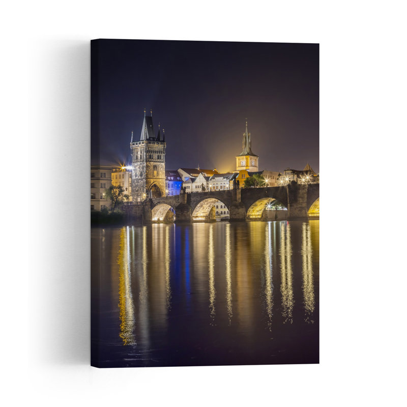 Prague Charles Bridge Night Peaceful Romantic Serene Architecture City Wall Art Print 1 Piece Wrapped Canvas Wall Art