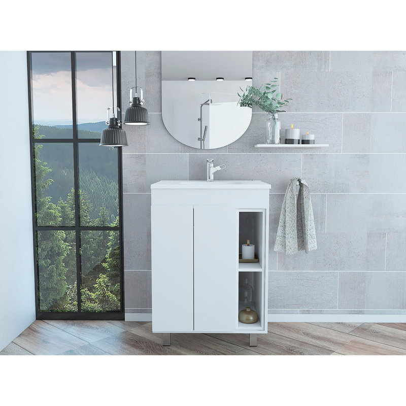 Meuble-lavabo 24 po Meka, deux tablettes extérieures, armoire à deux portes - blanc
