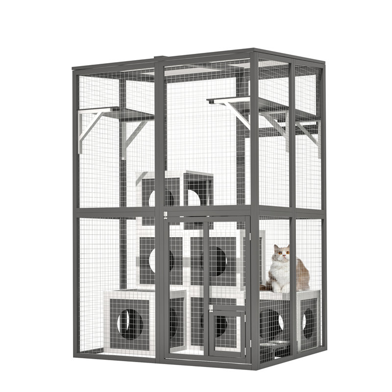 Outdoor Cat Enclosure - Walk-In Cat Playpen Kennel  With 2 Jumping Shelves & 7 Cozy Napping Boxes, for Backyard & Patio, Weather-Resistant.
