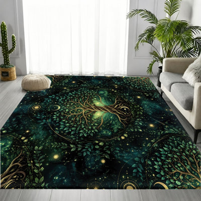 Tapis mystique arbre de vie, motif de nuit étoilée galaxie émeraude, motif forêt enchantée, tapis antidérapant lavable à la machine, décoration intérieure artistique pour salon, chambre à coucher, bureau, salle de loisirs, salle de jeux, espace de méditation