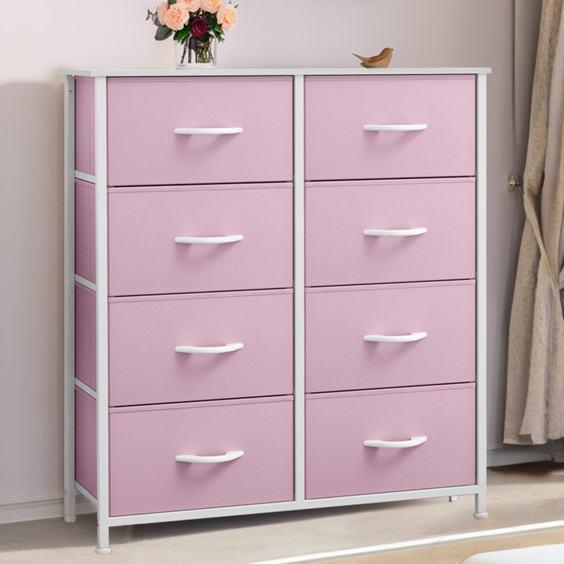 Commode double 8 tiroirs Kathiria, Rose/Blanc