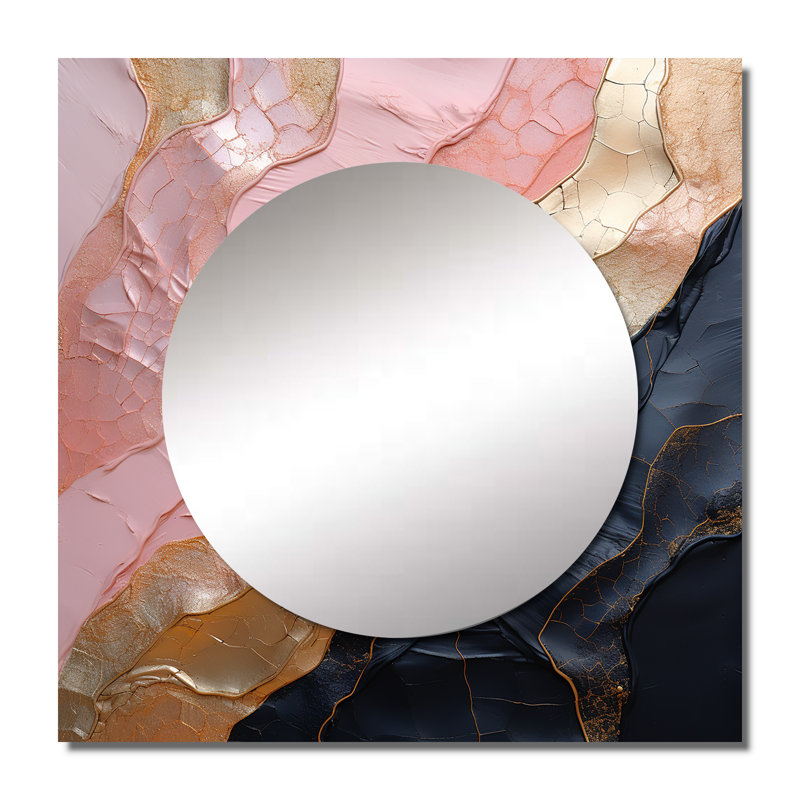Minimalisme, poteries en or rose - Art abstrait en miroir à spirales carrées pour salle de bain, 36 po x 36 po