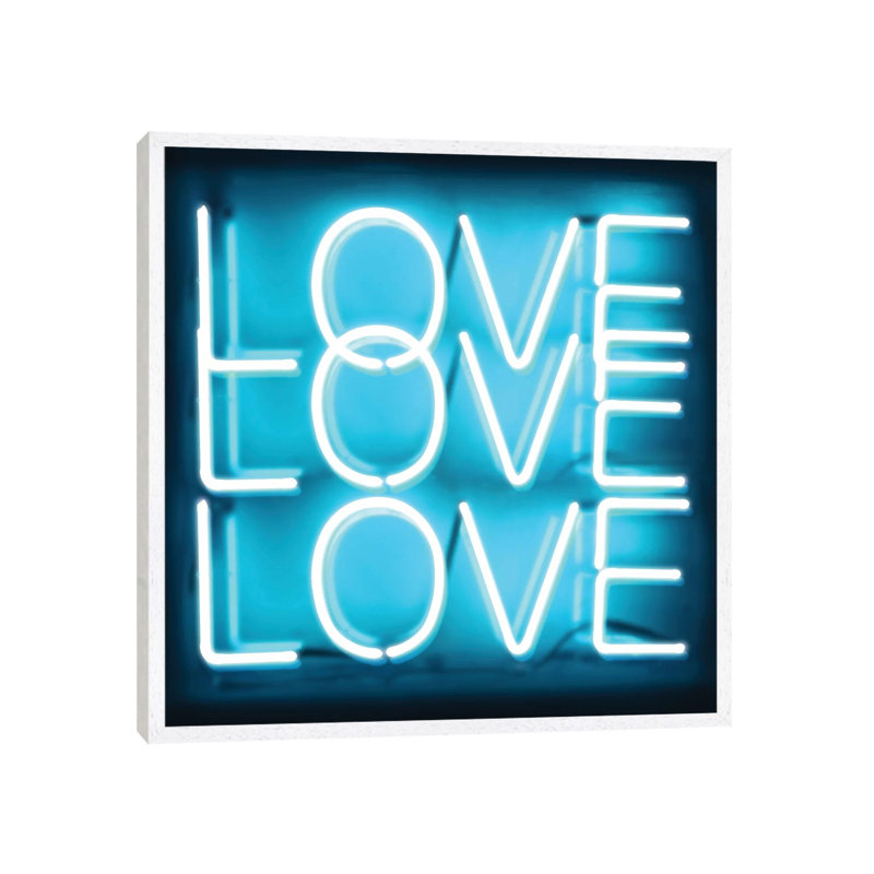 Neon Love Love Love Aqua On Black by Hailey Carr - Print on Canvas, White Framed, 66.04 cm H x 66.04 cm W
