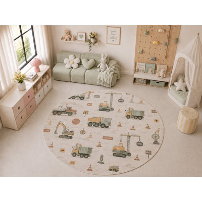 Tapis rond « Ultra Fin » 183 x 183 cm, motif de camions de chantier, doux et léger, idéal pour la chambre d'enfant, la garderie, la salle de jeux, le salon et la décoration intérieure.