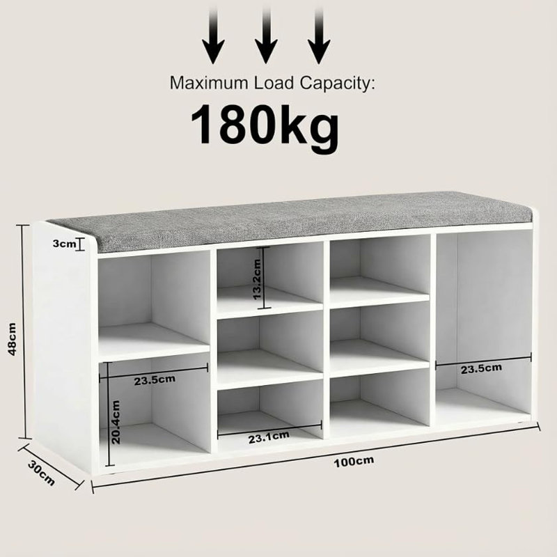 9 Pair Shoe Storage Bench, White/Light Grey