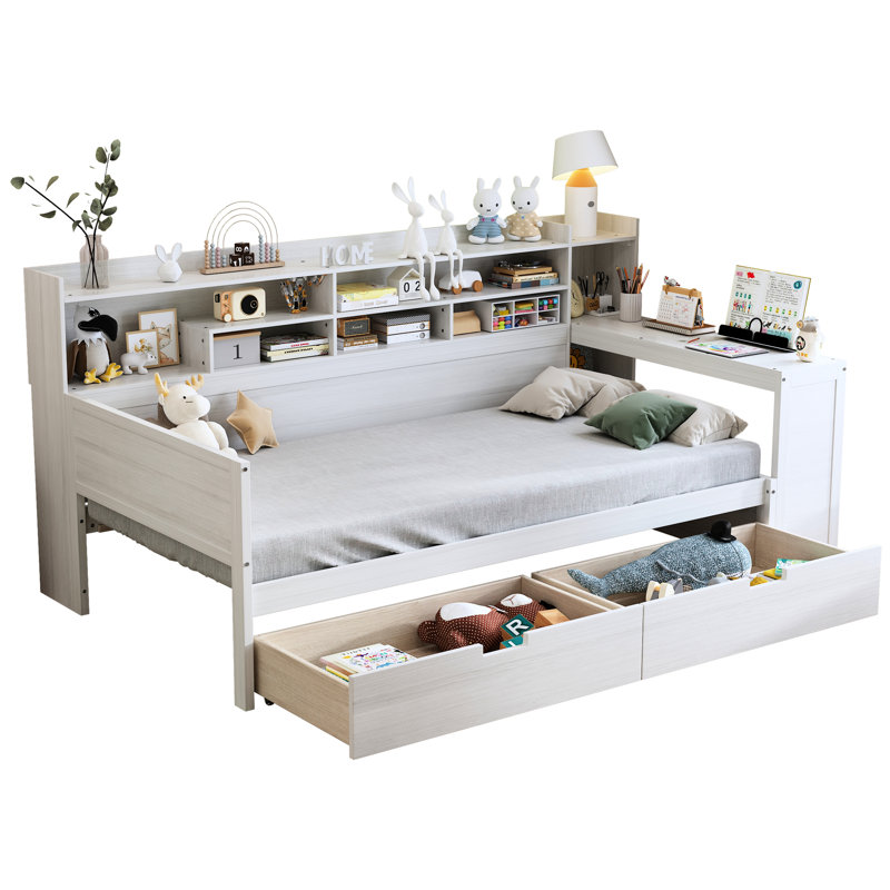 Lit de jour en bois blanc antique avec espace de rangement et d'étude inférieur, bureau à tablettes simples, Lit simple