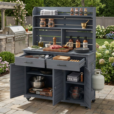 Chariot de préparation pour îlot de cuisine et huche 65 po x l 47 po avec huche, banc de rempotage en bois massif avec support de réservoir de propane et roues verrouillables