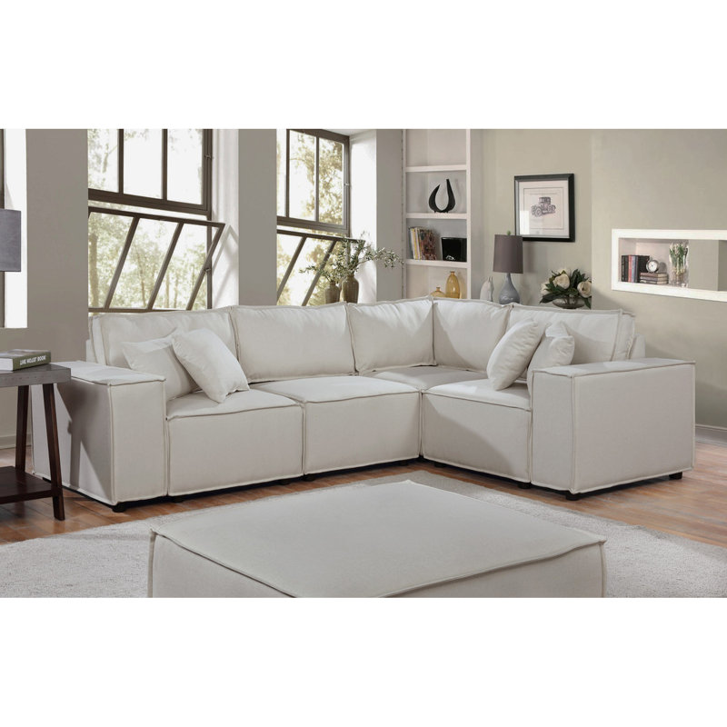 99" Modular Sectional With Beige Linen - 3 Armless Chairs Reconfigurable, Welt Trim, Foam Filled Seats & Pocket Coil Springs, 5 Accent Pillows, Non-removable Seat Cushions, Removable Back 17.5"