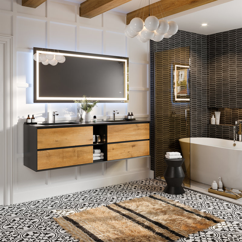Kiskimere 74.8" Wall-Mounted Double Bathroom Vanity Set, Black Oak