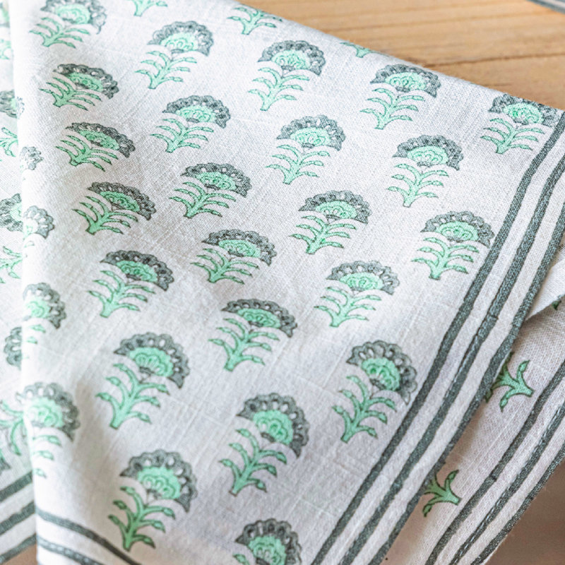 over&back Hand-Blocked Napkins, Set of 4, Green Flower