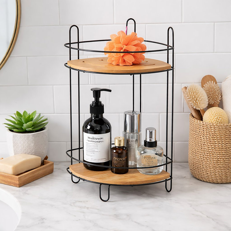 Tour de rangement en coin en bambou avec 2 tablettes, Brun / noir
