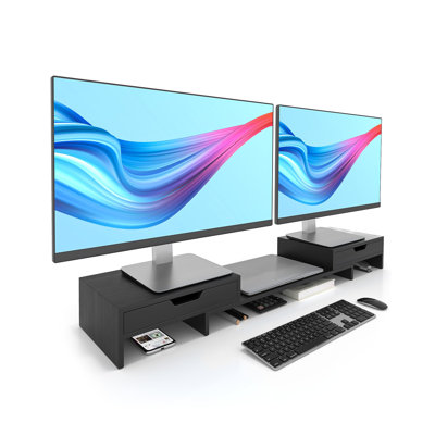 Montant double pour moniteur avec deux tiroirs pour bureau, support pour moniteur en bambou avec rangement, tablette de bureau