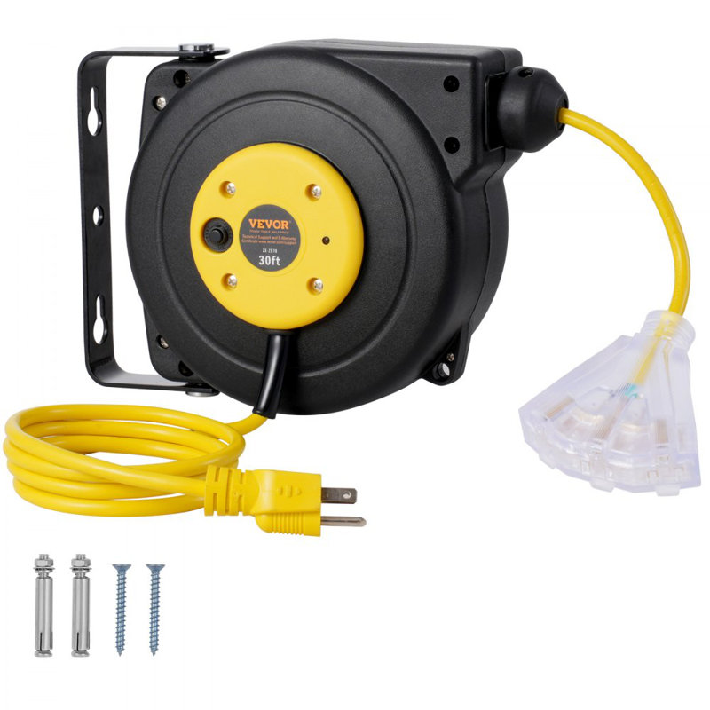 Retractable Extension Cord Reel Power Cord Reel 30FT 16AWG/3C SJTOW, Black/Yellow