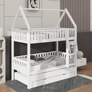 House Bunk Bed With Fence,Trundle And Three Storage Drawers