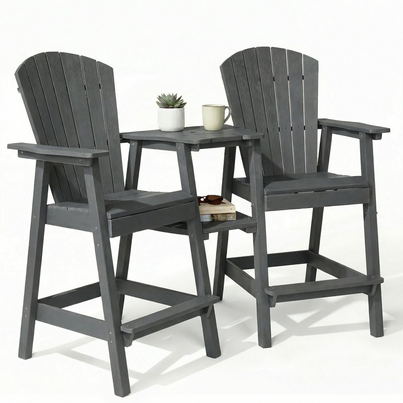 HDPE Tall Adirondack Chair Set with Removable Double Trays (Set of 2), Dark Gray